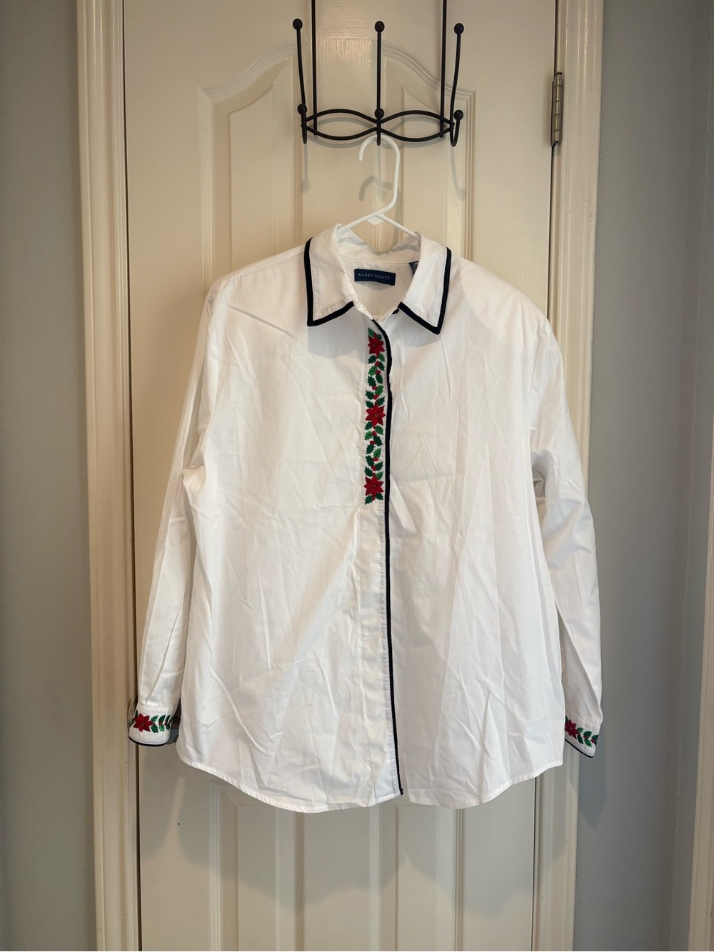 Karen Scott White Button-Down Shirt + Red/Green Embroidery, Christmas Holiday